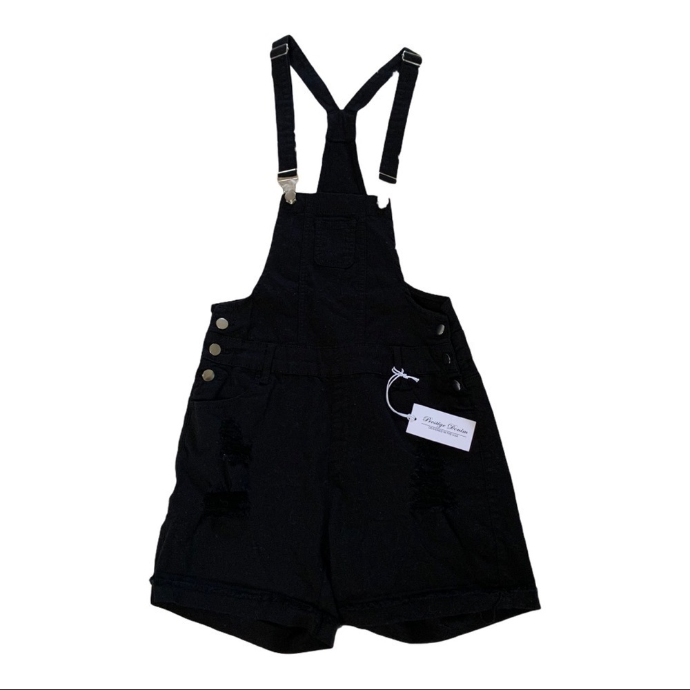 Prestige Denim NWT Destroyed Black Short Overalls